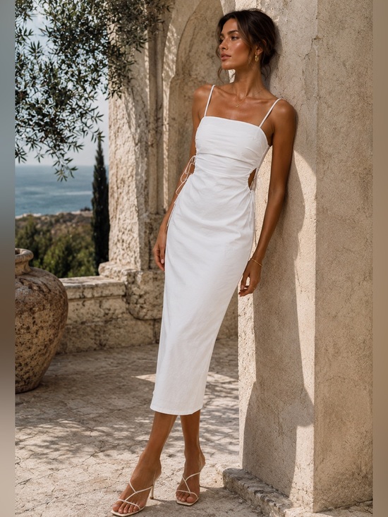 Zara Dresses & Skirts - Zara White Ruched Side Tie Midi Dress | Coastal Chic Summer Dress | Size M